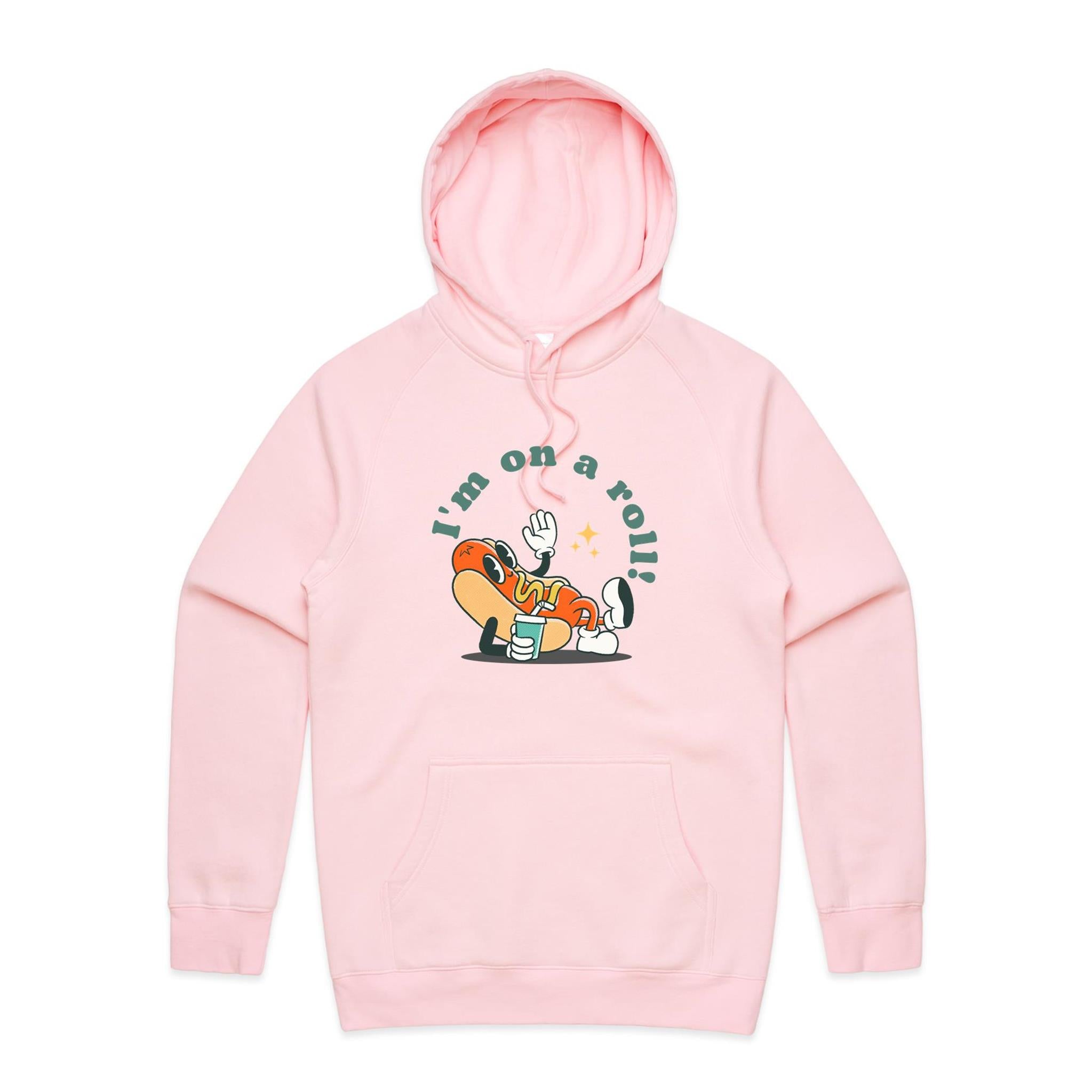 Hotdog, I'm On A Roll - Mens Hoodie Pink Mens Hoodie Food Printed In Australia