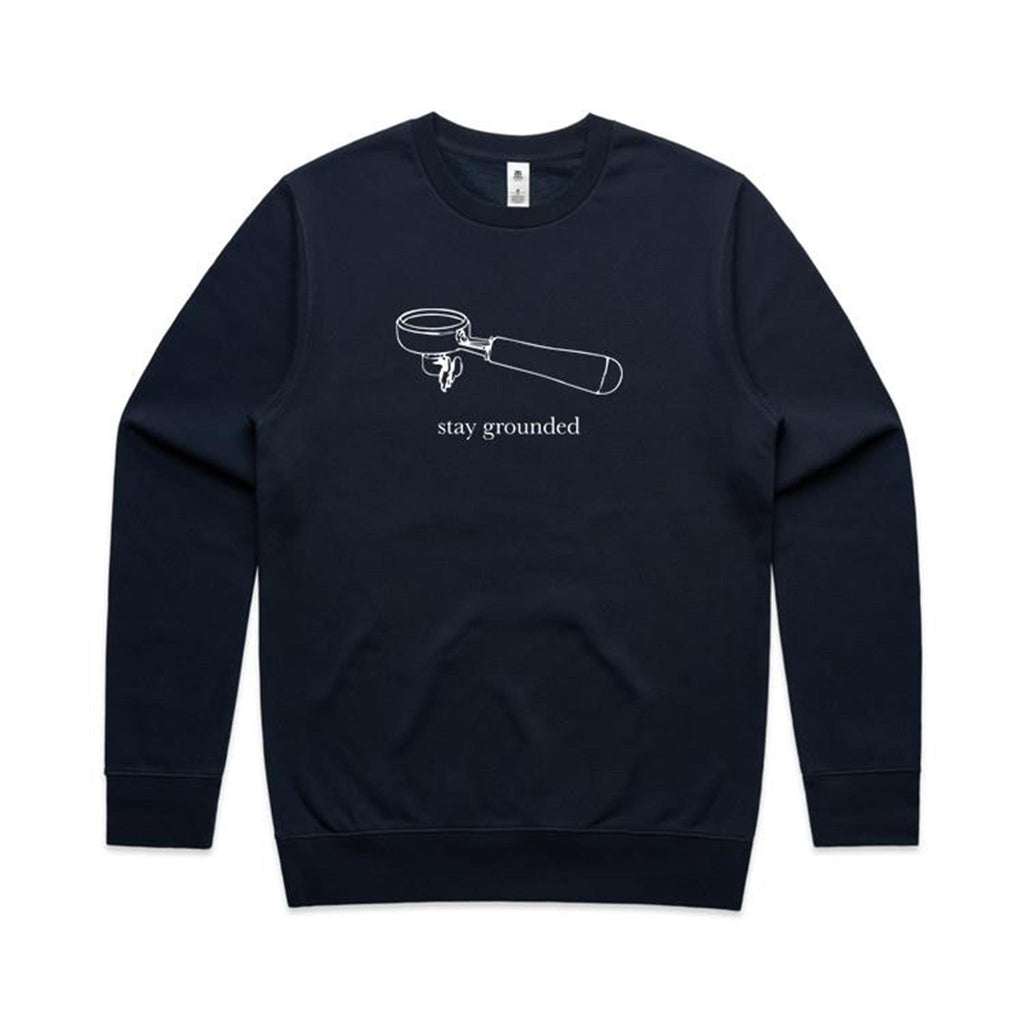 Stay Grounded, Coffee Portafilter AS Colour Stencil Crew Sweatshirt Unisex Navy Sweatshirt Coffee Printed In Australia