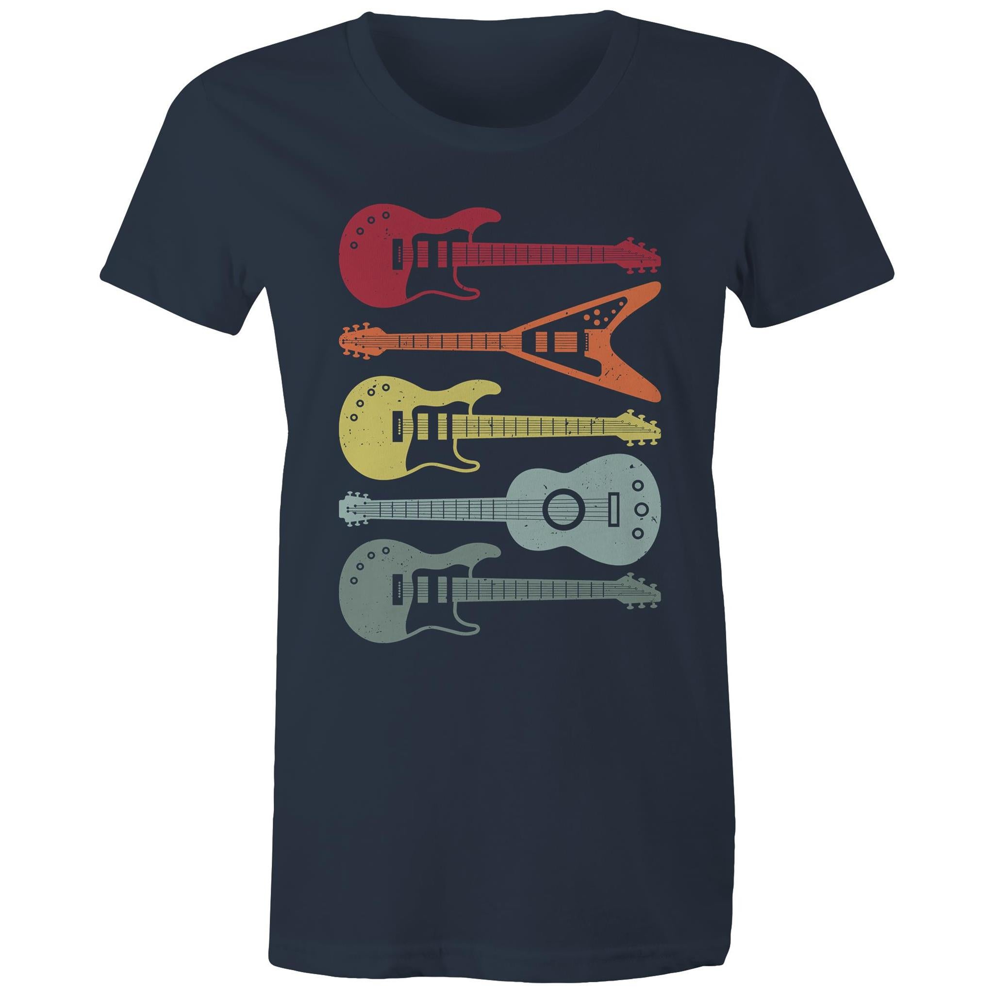 Retro Guitars - Womens T-shirt Navy Womens T-shirt Music Printed In Australia