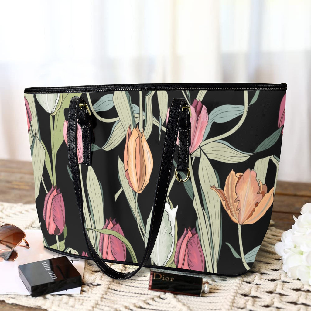 Tulips - Leather Tote Bag-Large