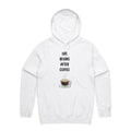 Life Begins After Coffee Men's AS Colour Hoodie White Mens Hoodie Coffee Printed In Australia