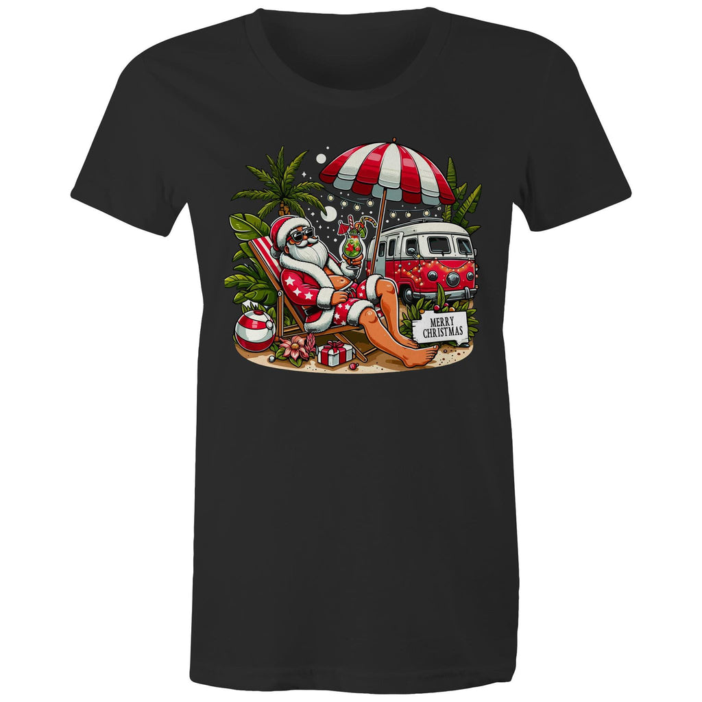 Santa By The Beach - Womens T-shirt Black Womens Christmas T-shirt Christmas Printed In Australia