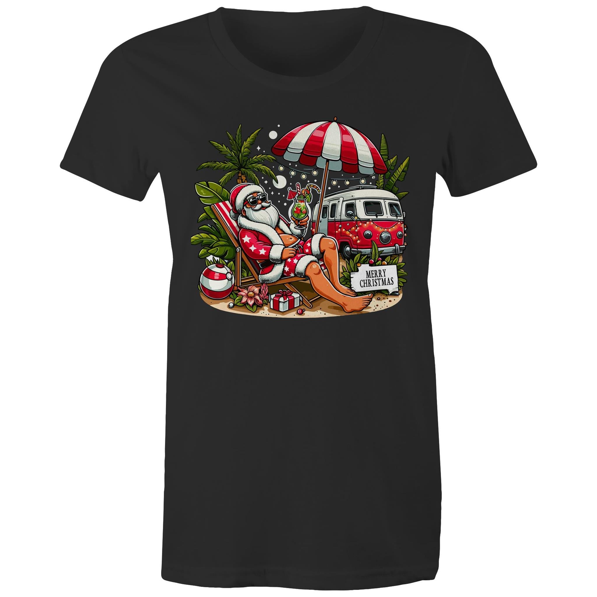 Santa By The Beach - Womens T-shirt Black Womens Christmas T-shirt Christmas Printed In Australia