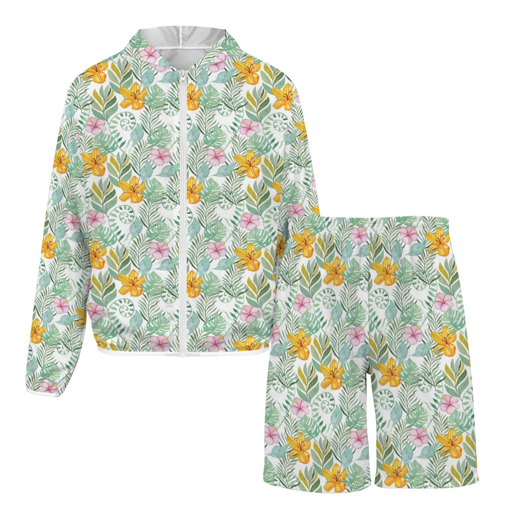 Tropical Flowers And Leaves Men's Lightweight Sun Hoodie & Shorts Set Men's Lightweight Sun Hoodie & Shorts Plants Printed Offshore