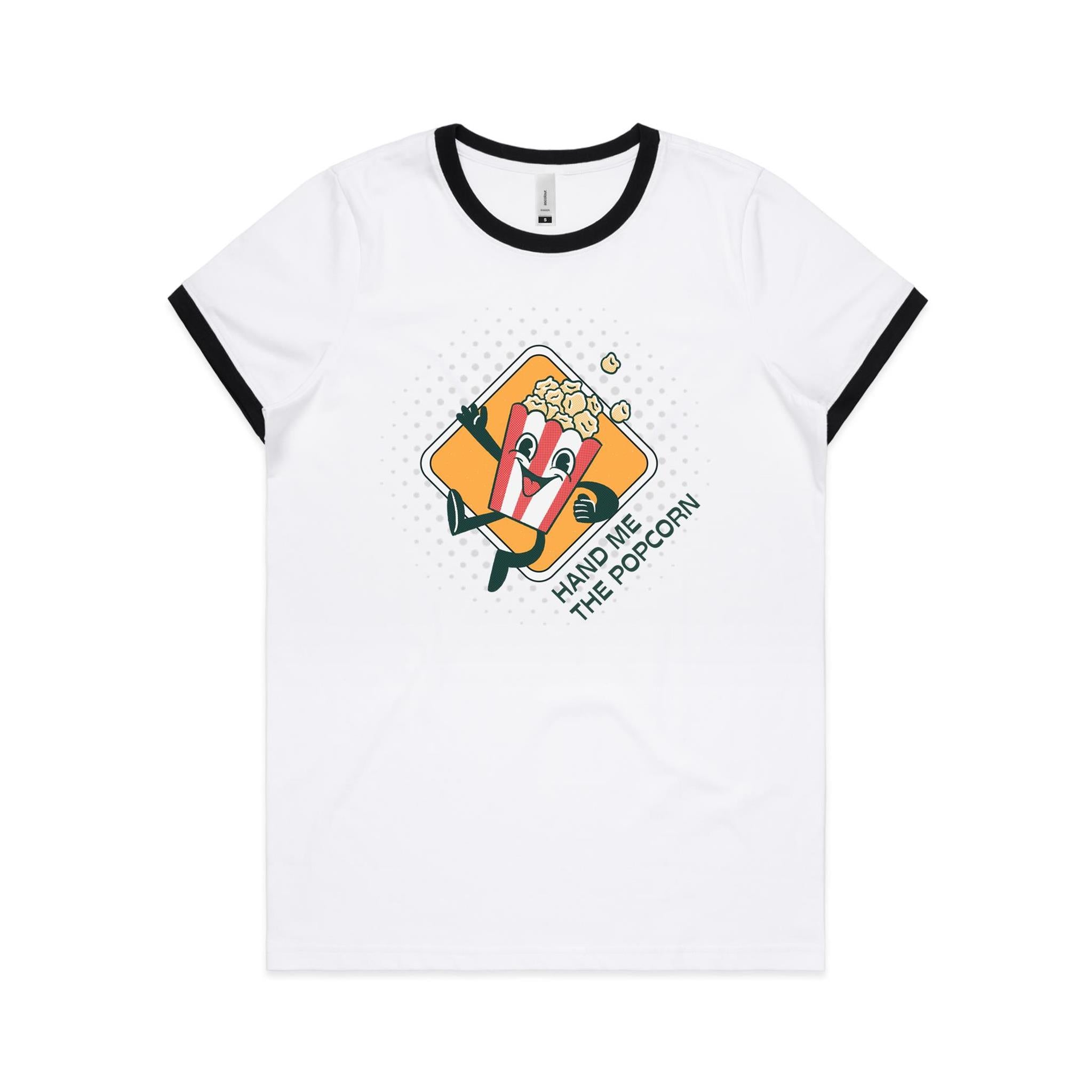 Hand Me The Popcorn - Women's Ringer Tee White Black Womens Ringer T-shirt Food Printed In Australia