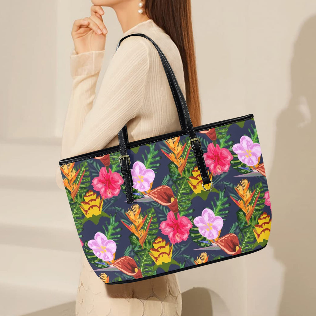 Tropical Floral PU Leather Tote Bag Large Leather Tote Bag-Large Plants Printed Offshore
