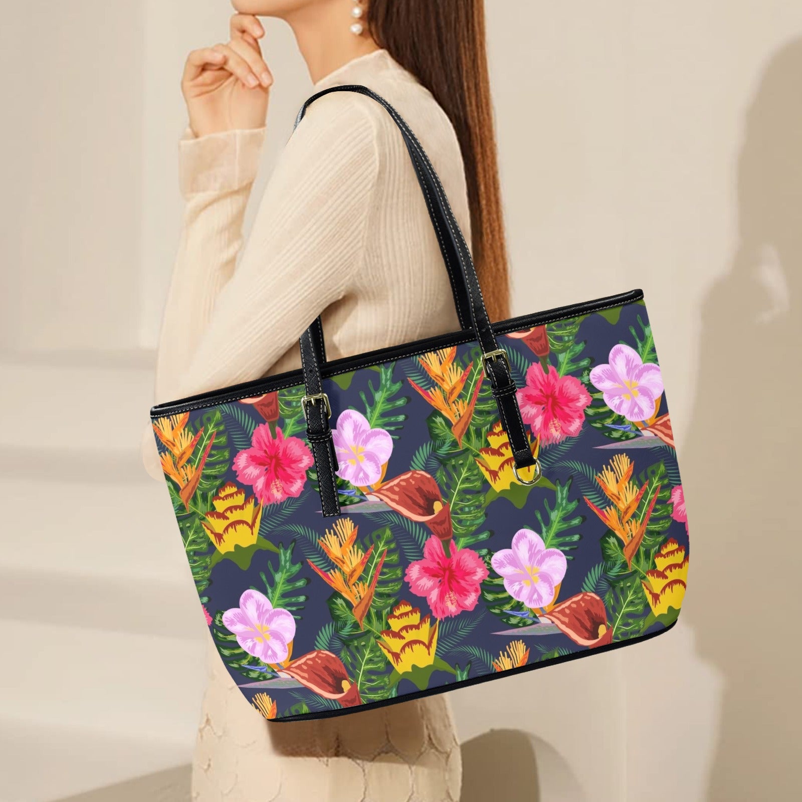 Tropical Floral PU Leather Tote Bag Large Leather Tote Bag-Large Plants Printed Offshore