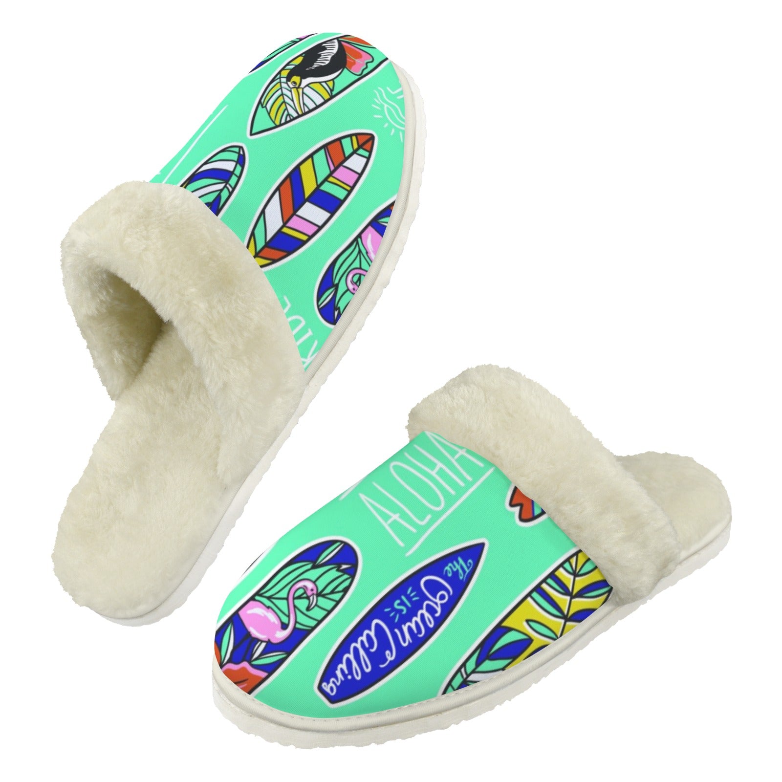 Aloha Surfboards Men's Fur Trim Thick-Sole Indoor Slippers 2XL Men's Fur Trimmed Slippers Printed Offshore Surf