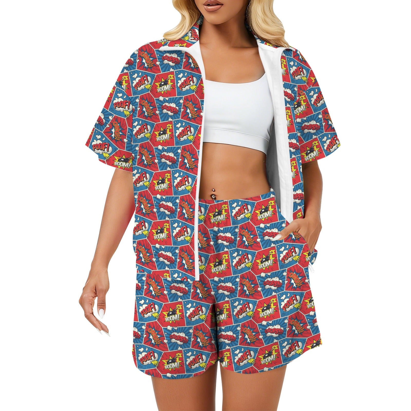 Comic Book Cells Women's Windbreaker Short Set 2XL Women's Windbreaker Short Set comic Printed Offshore