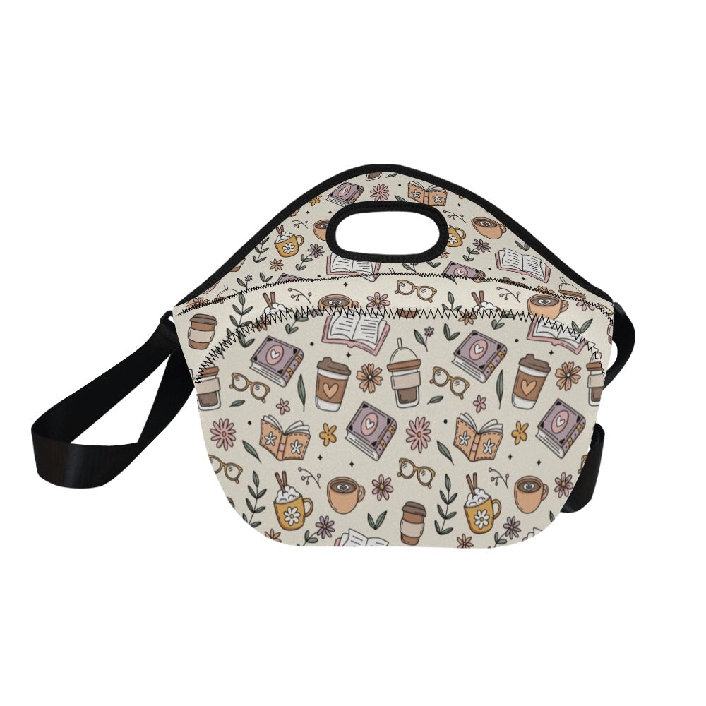 Books And Coffee Neoprene Lunch Bag/Large (Model 1669) Neoprene Lunch Bag Coffee Printed Offshore Reading