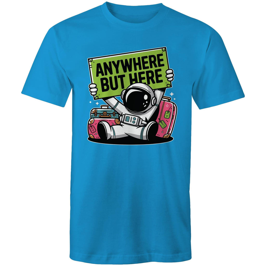 Astronaut, Anywhere But Here - Mens T-Shirt Arctic Blue Mens T-shirt Printed In Australia Space