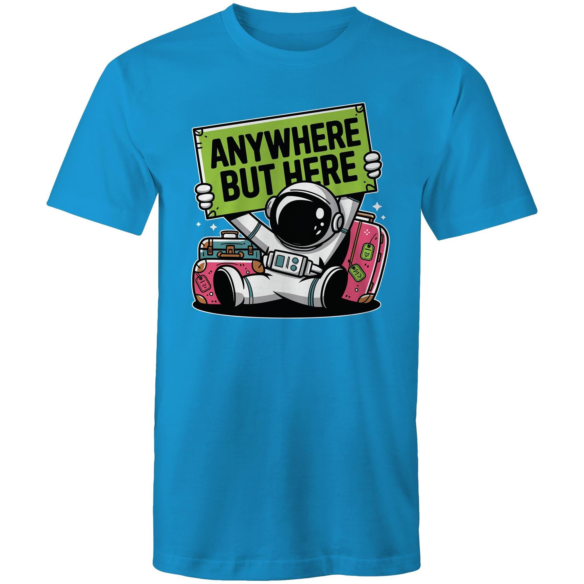 Astronaut, Anywhere But Here - Mens T-Shirt Arctic Blue Mens T-shirt Printed In Australia Space