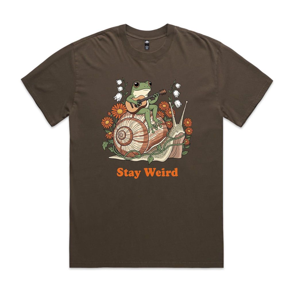 Stay Weird, Guitar Playing Frog On A Snail AS Colour Heavy Faded Tee Unisex Faded brown Heavy Faded T-shirt animal Music Printed In Australia