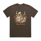 Stay Weird, Guitar Playing Frog On A Snail AS Colour Heavy Faded Tee Unisex Faded brown Heavy Faded T-shirt animal Music Printed In Australia