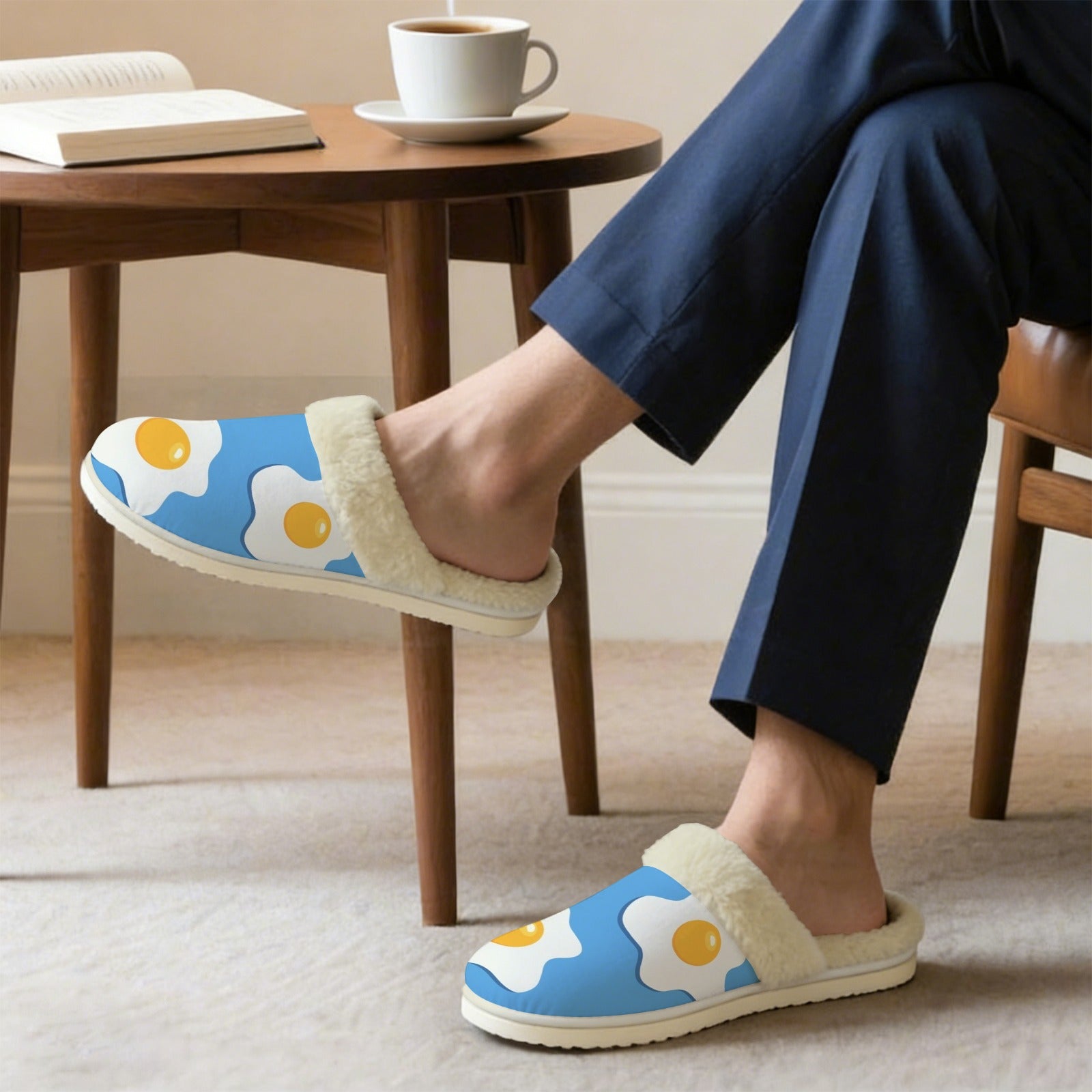 Fried Eggs Men's Fur Trim Thick-Sole Indoor Slippers Men's Fur Trimmed Slippers Food Printed Offshore
