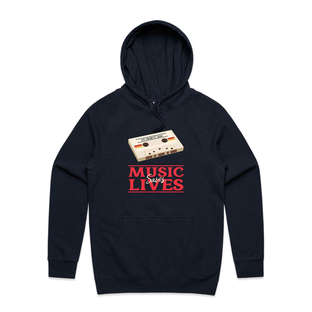Music Saves Lives - Mens Hoodie Navy Mens Hoodie Music Printed In Australia Retro