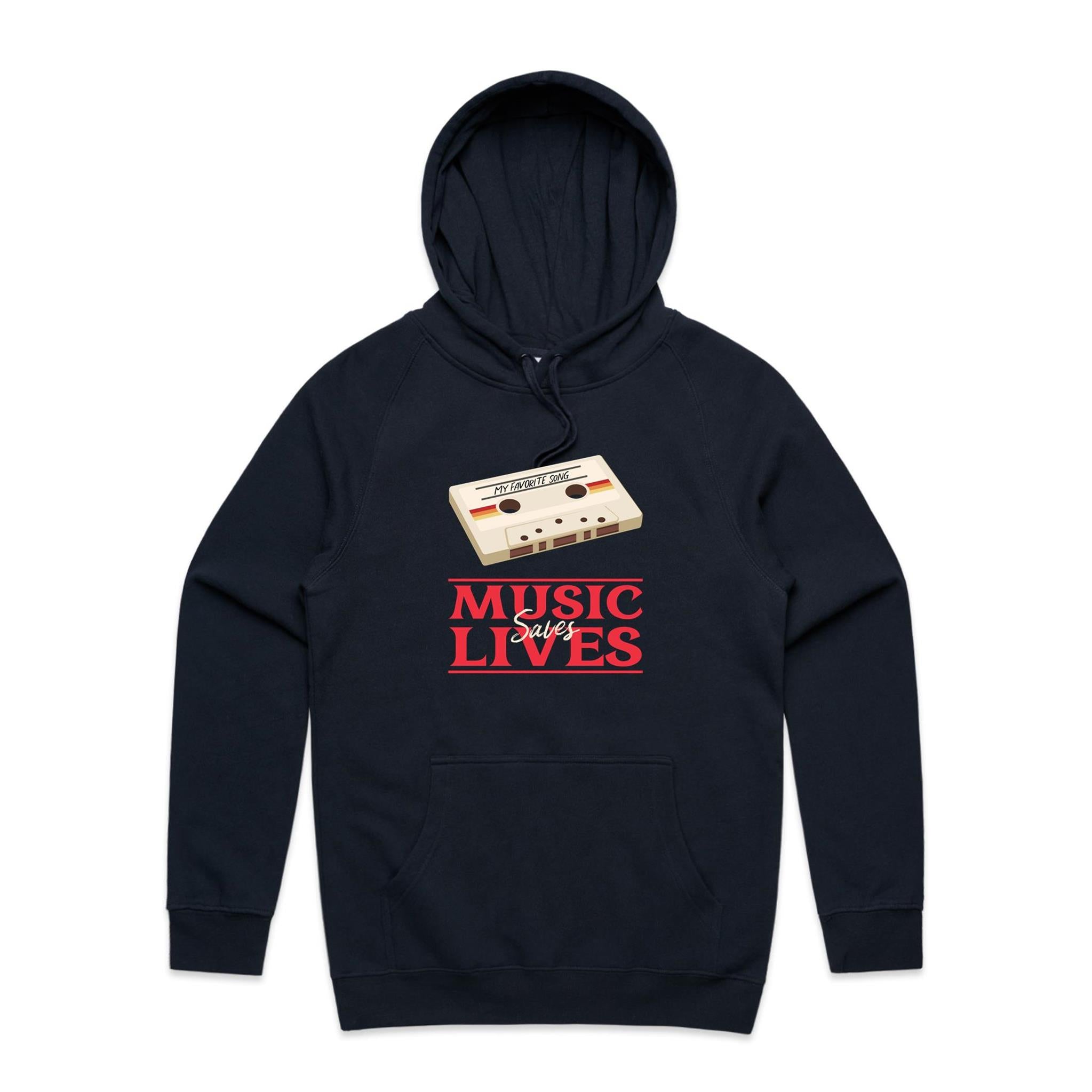 Music Saves Lives - Mens Hoodie Navy Mens Hoodie Music Printed In Australia Retro