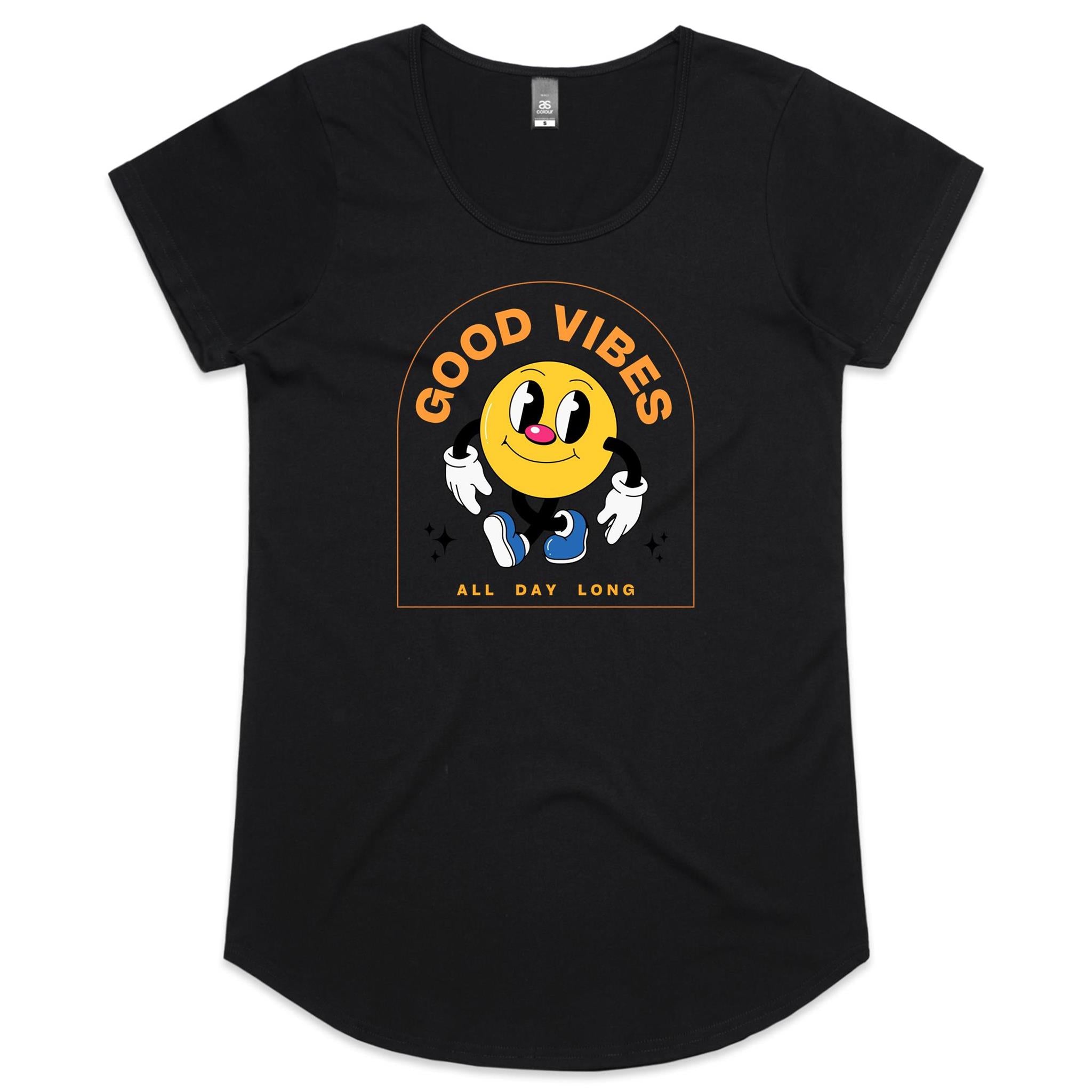 Good Vibes All Day Long - Womens Scoop Neck T-Shirt Black Womens Scoop Neck T-shirt Positivity Printed In Australia Retro