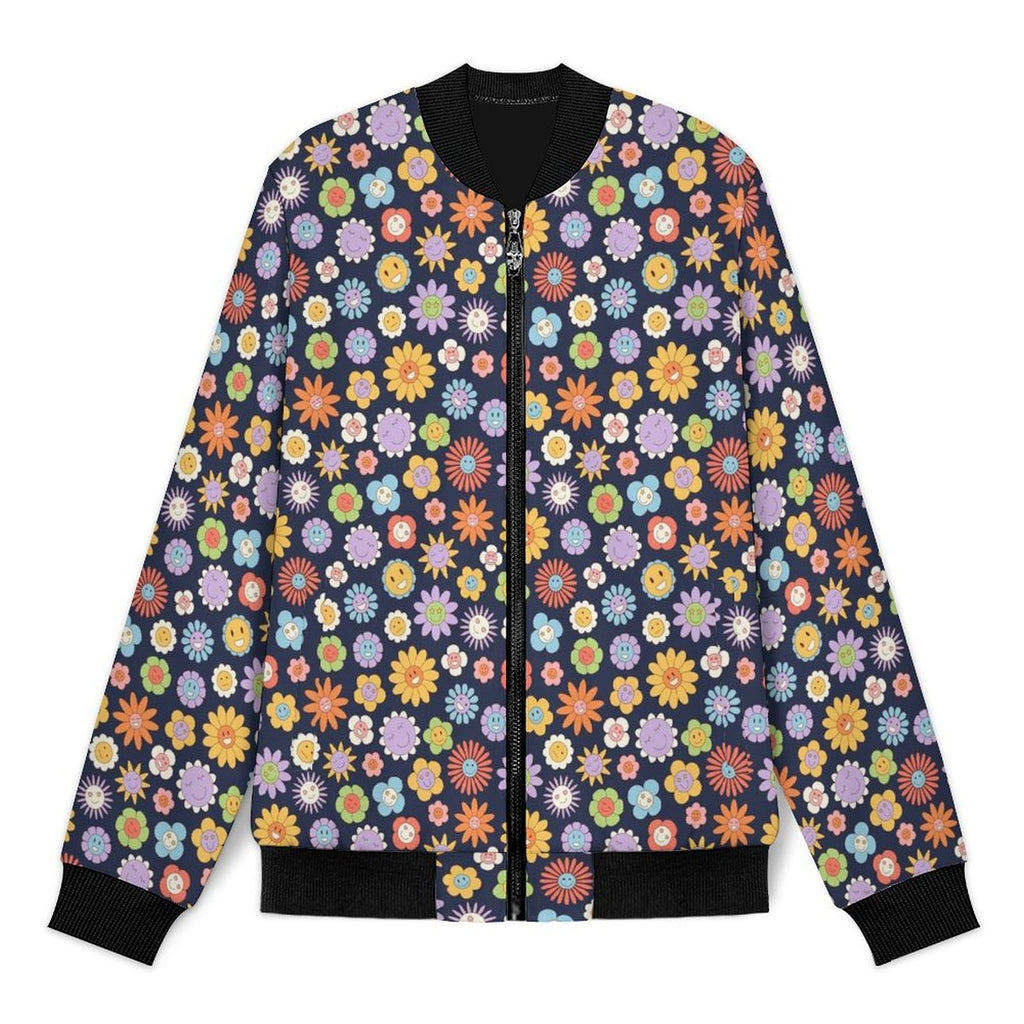 Groovy Flowers Men's Casual Zip‑Up Bomber Jacket