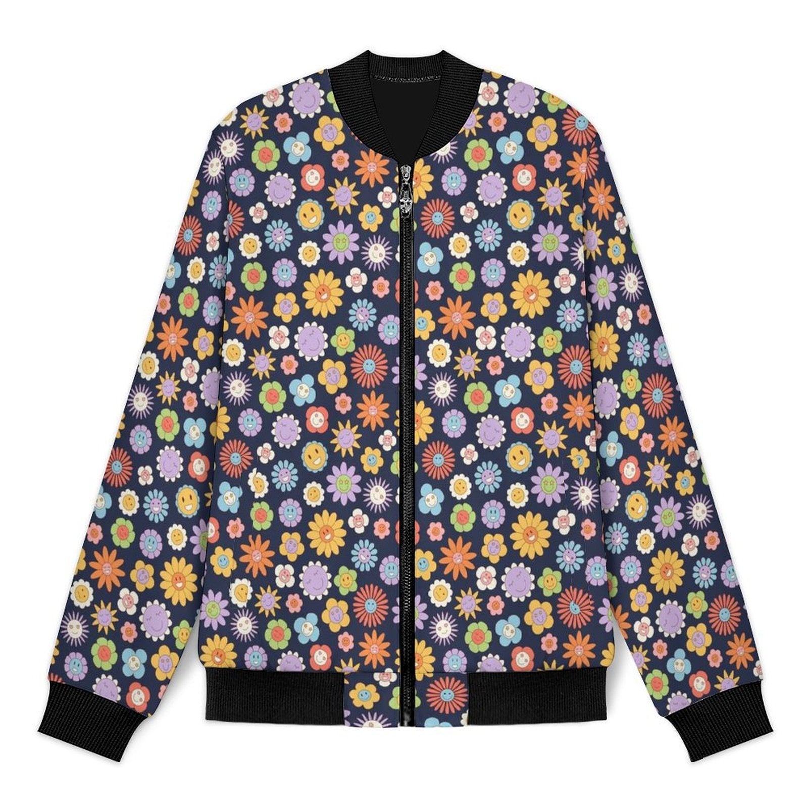 Groovy Flowers Men's Casual Zip‑Up Bomber Jacket