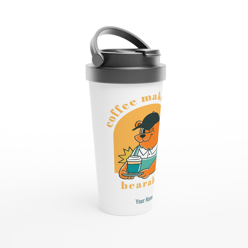 Personalised - Coffee Makes Life Bearable - White 15oz Stainless Steel Travel Mug Personalised Travel Mug Globally Fulfilled retro