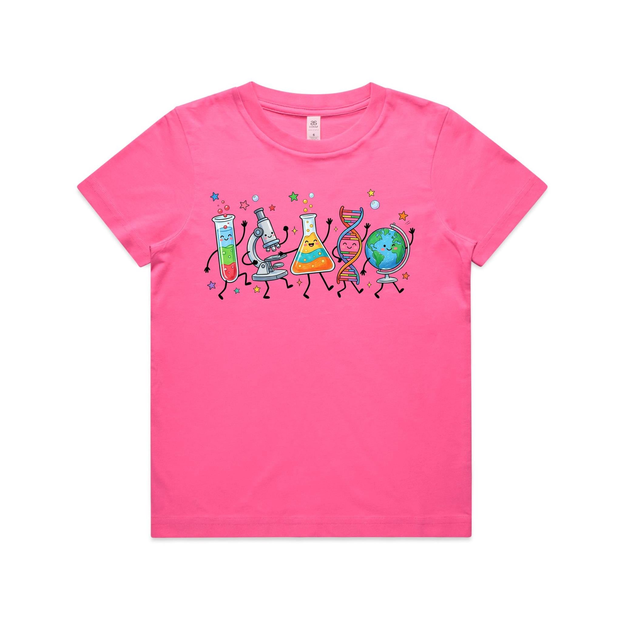 Science Characters Kids AS Colour T-shirt Charity pink Kids Youth T-shirt Printed In Australia Science