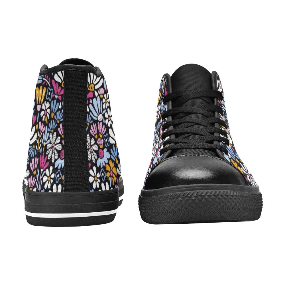 Graphic Flowers On Black Kids High Top Canvas Shoes