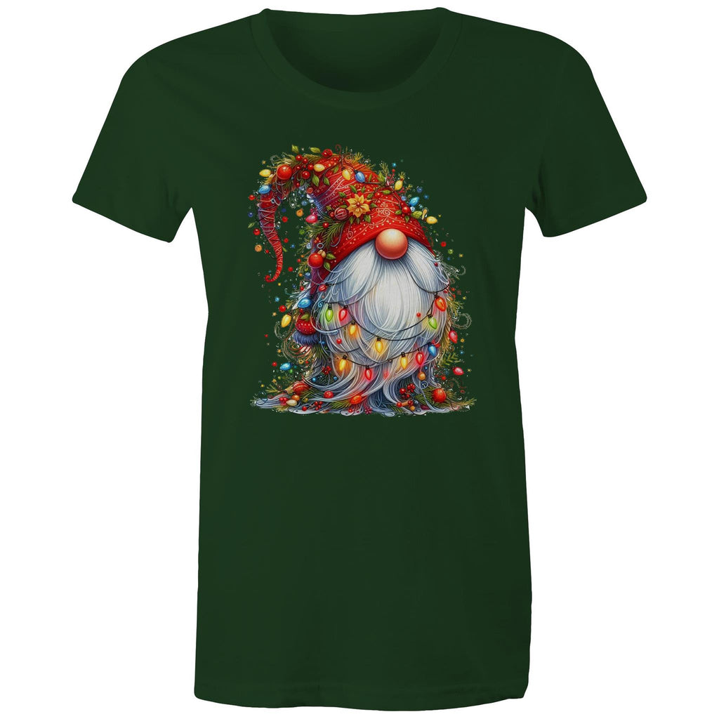 Christmas Gnome Wrapped In Lights - Womens T-shirt Forest Green Womens Christmas T-shirt Christmas Printed In Australia