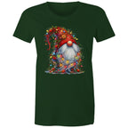 Christmas Gnome Wrapped In Lights - Womens T-shirt Forest Green Womens Christmas T-shirt Christmas Printed In Australia