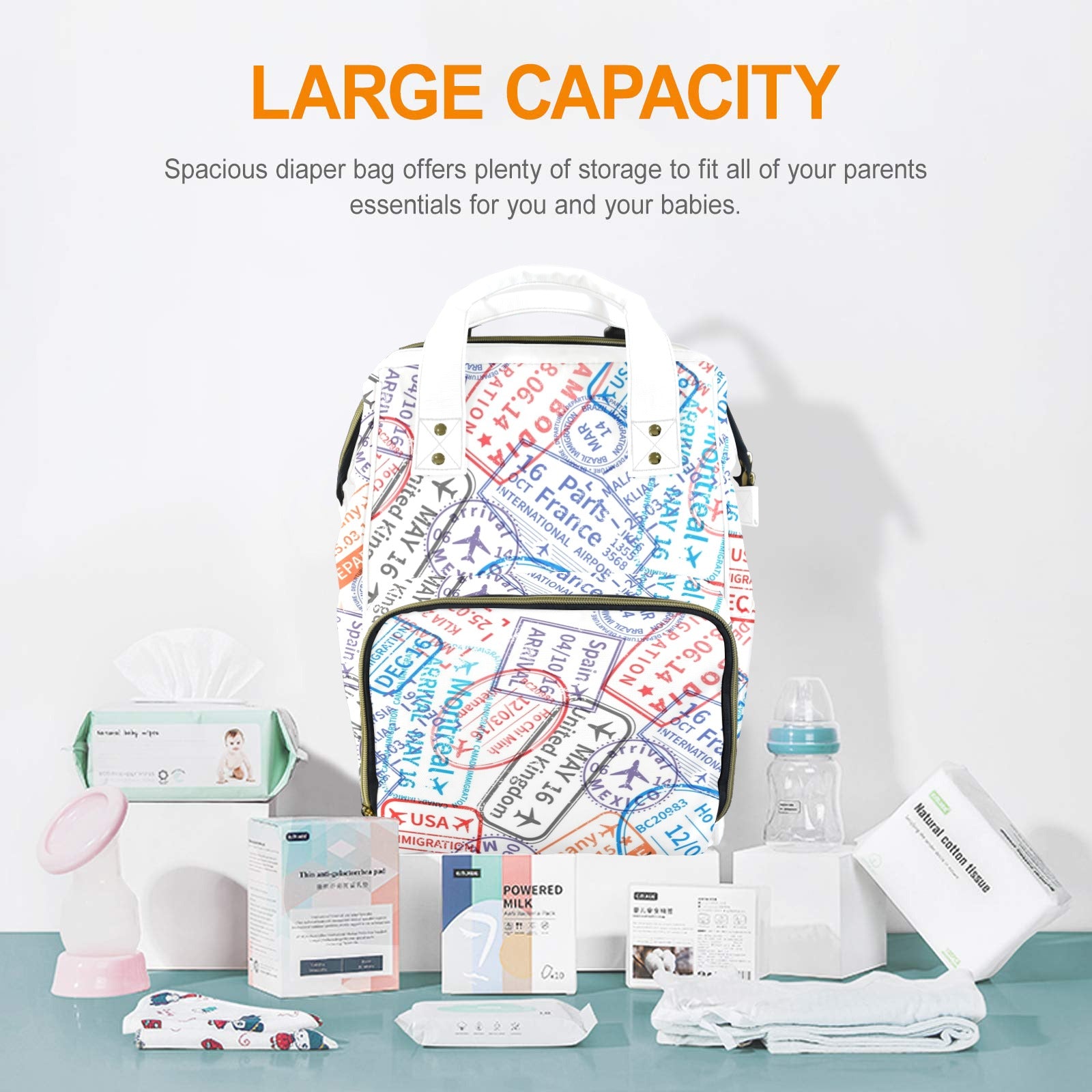 Travel Stamps - Multi-Function Backpack, Nappy / Diaper Bag