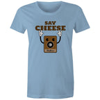 Say Cheese, Vintage Camera - Womens T-shirt Carolina Blue Womens T-shirt Printed In Australia Retro