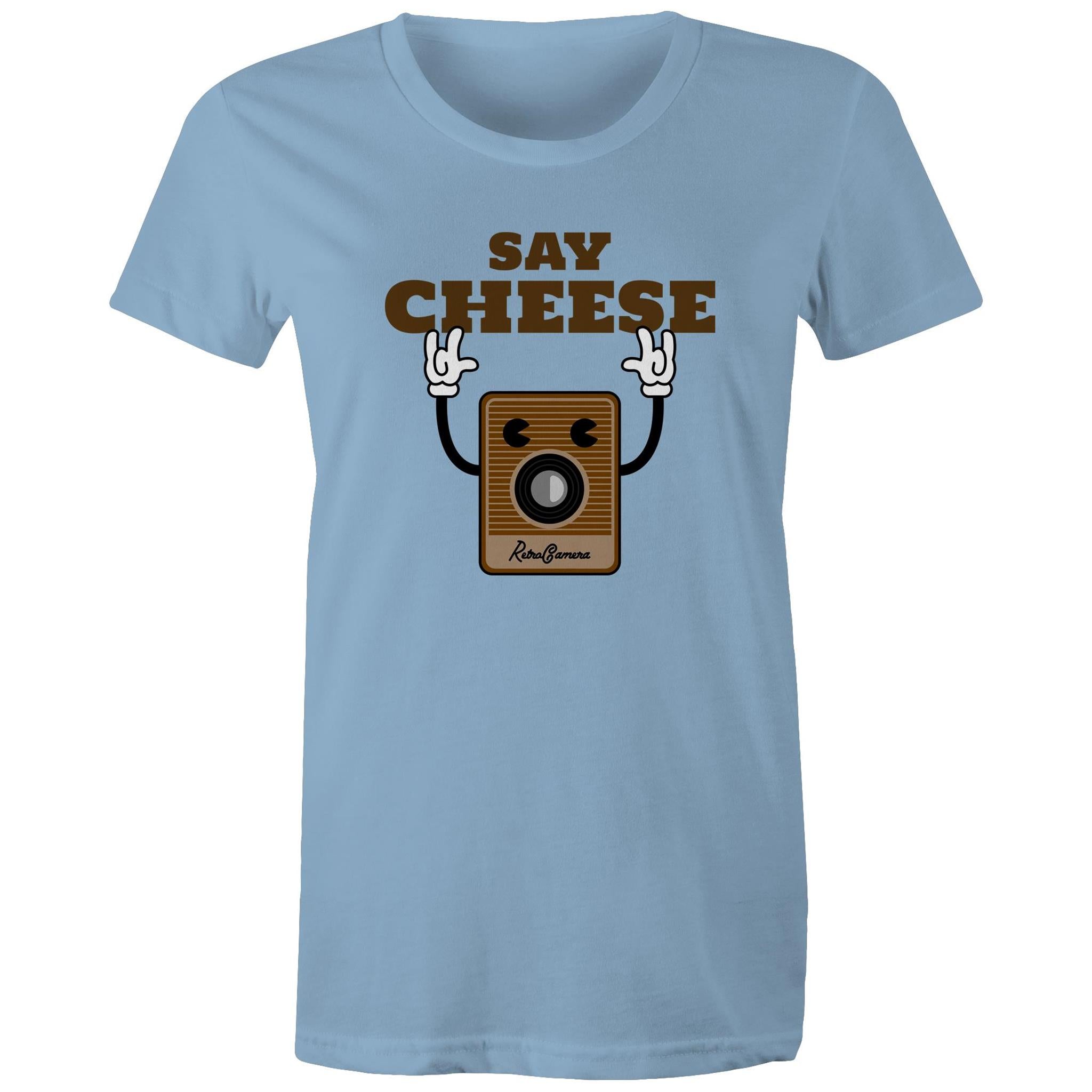 Say Cheese, Vintage Camera - Womens T-shirt Carolina Blue Womens T-shirt Printed In Australia Retro