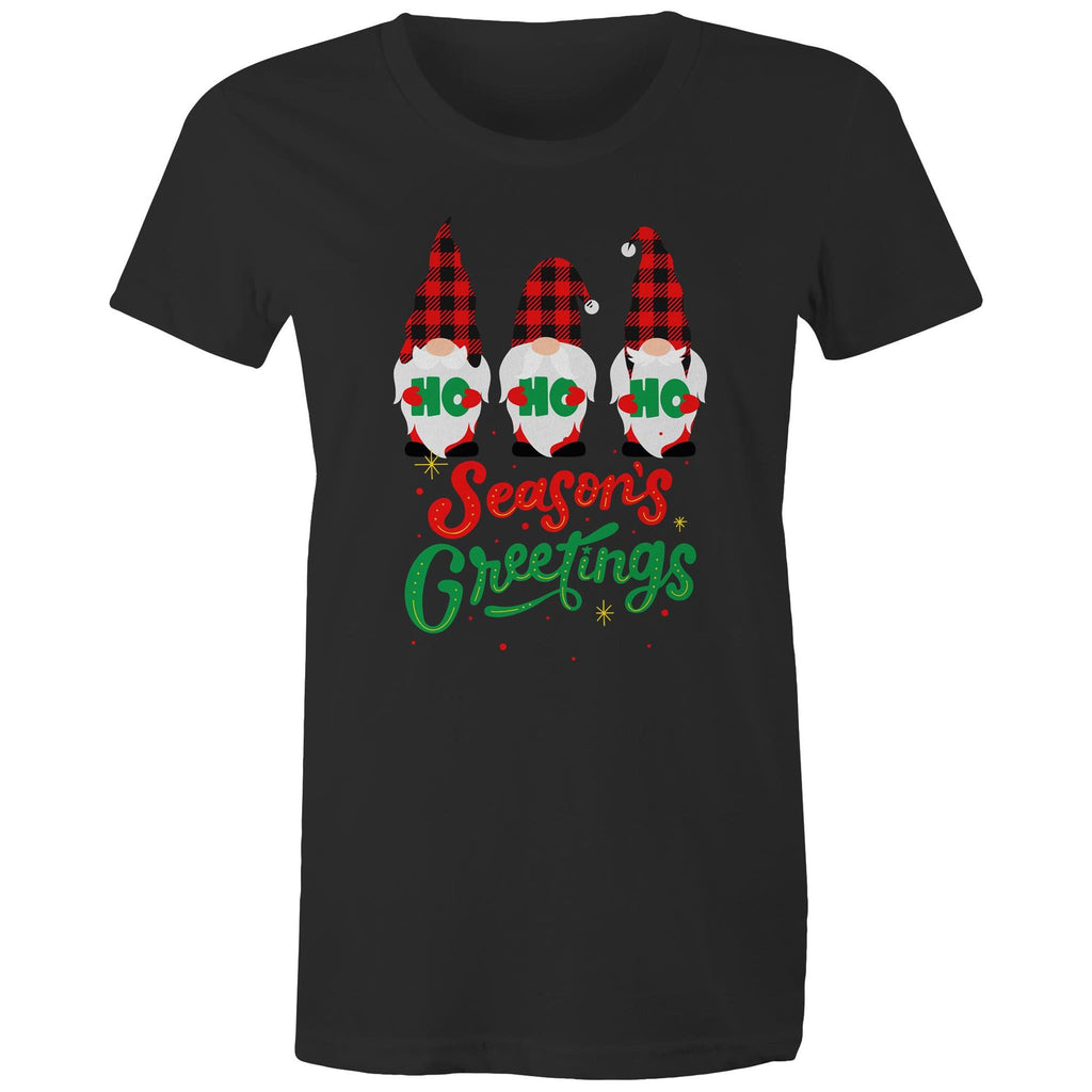 Christmas Gnomes, Seasons Greetings - Womens T-shirt Black Womens Christmas T-shirt Christmas Printed In Australia