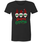 Christmas Gnomes, Seasons Greetings - Womens T-shirt Black Womens Christmas T-shirt Christmas Printed In Australia