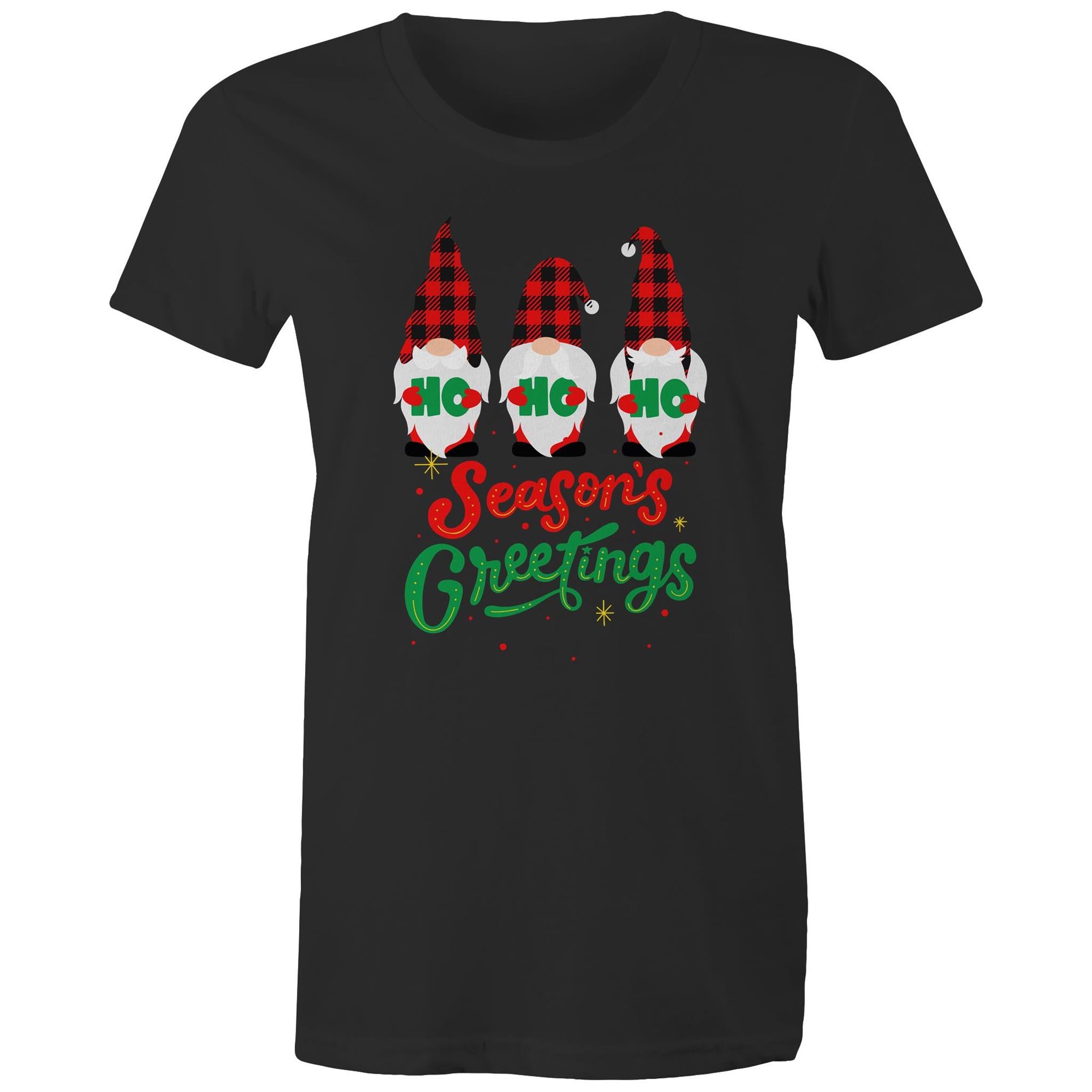 Christmas Gnomes, Seasons Greetings - Womens T-shirt Black Womens Christmas T-shirt Christmas Printed In Australia