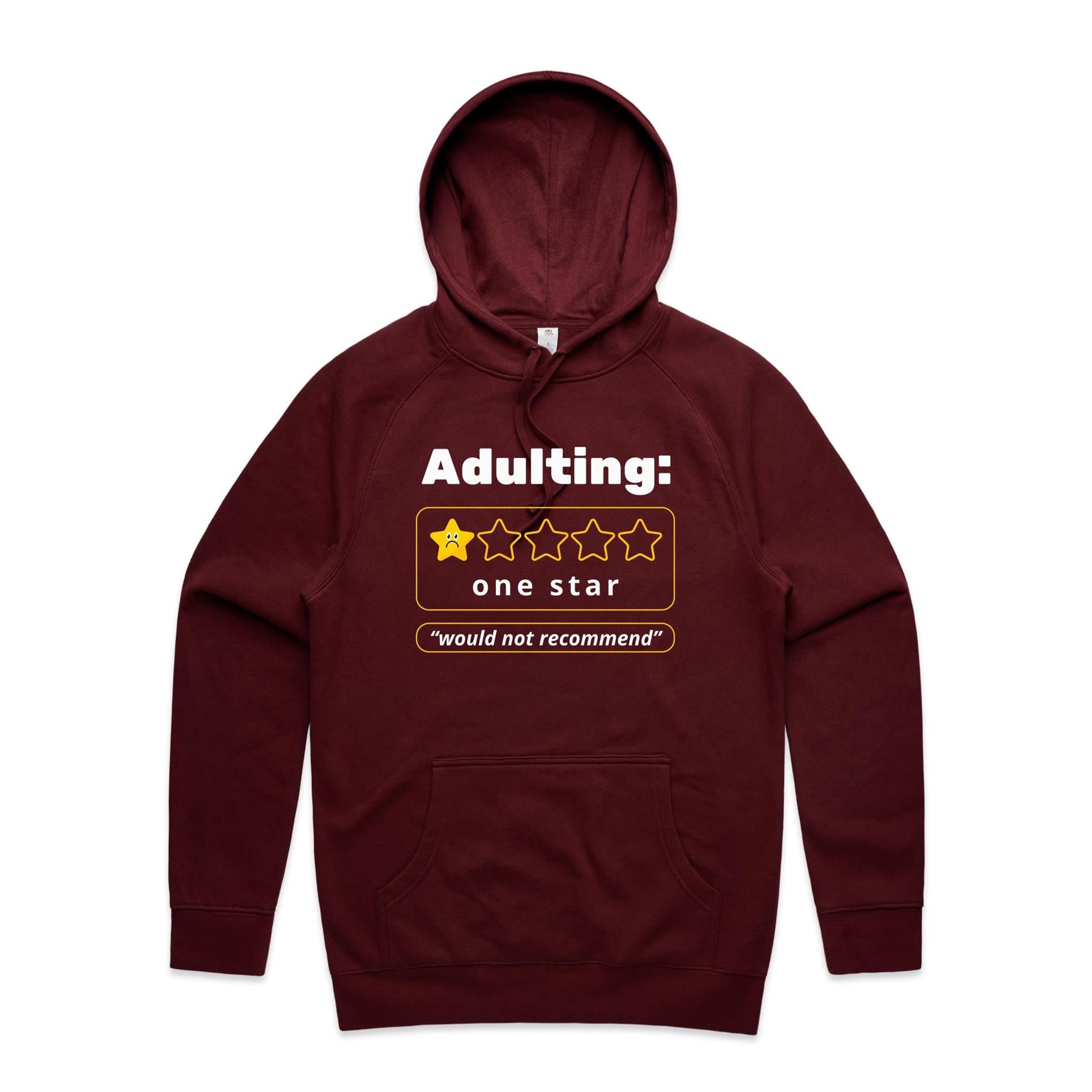 Adulting, One Star - Mens Hoodie Burgundy Mens Hoodie Printed In Australia