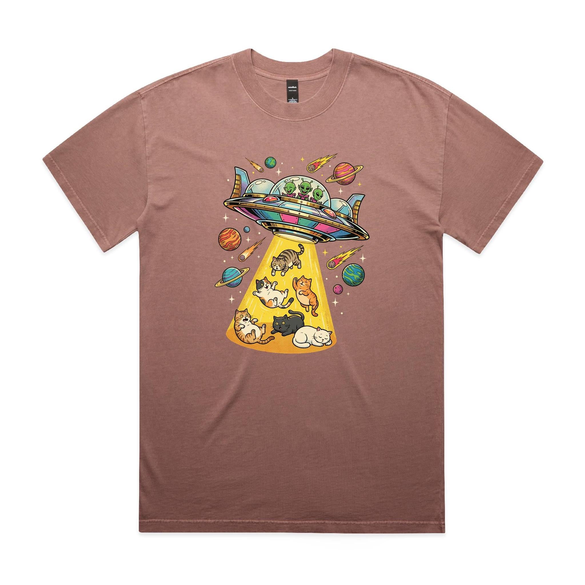 UFO Cat Abduction AS Colour Heavy Faded Tee Unisex Faded pink Heavy Faded T-shirt animal Printed In Australia Sci Fi