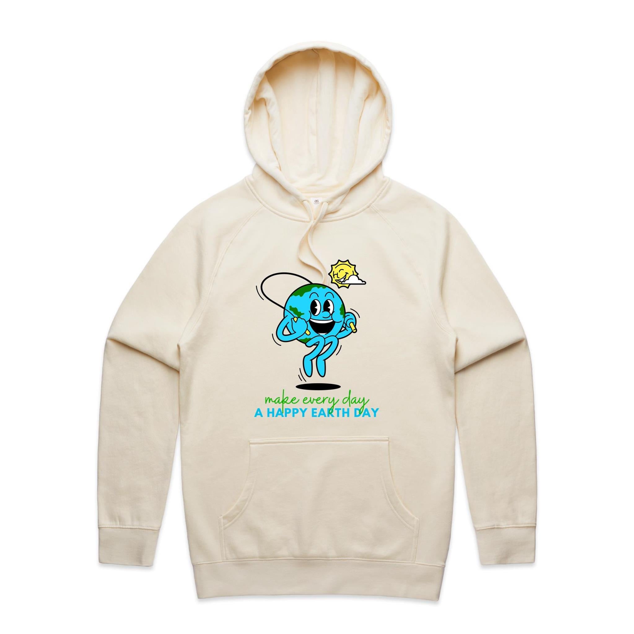 Make Every Day A Happy Earth Day - Mens Hoodie Ecru Mens Hoodie Environment Printed In Australia