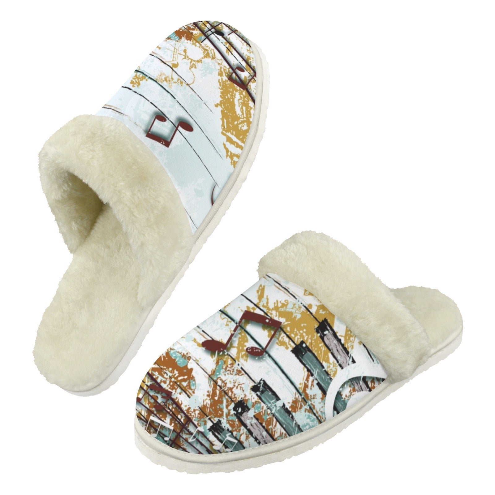 Music Graphic Men's Fur Trim Thick-Sole Indoor Slippers 2XL Men's Fur Trimmed Slippers Music Printed Offshore