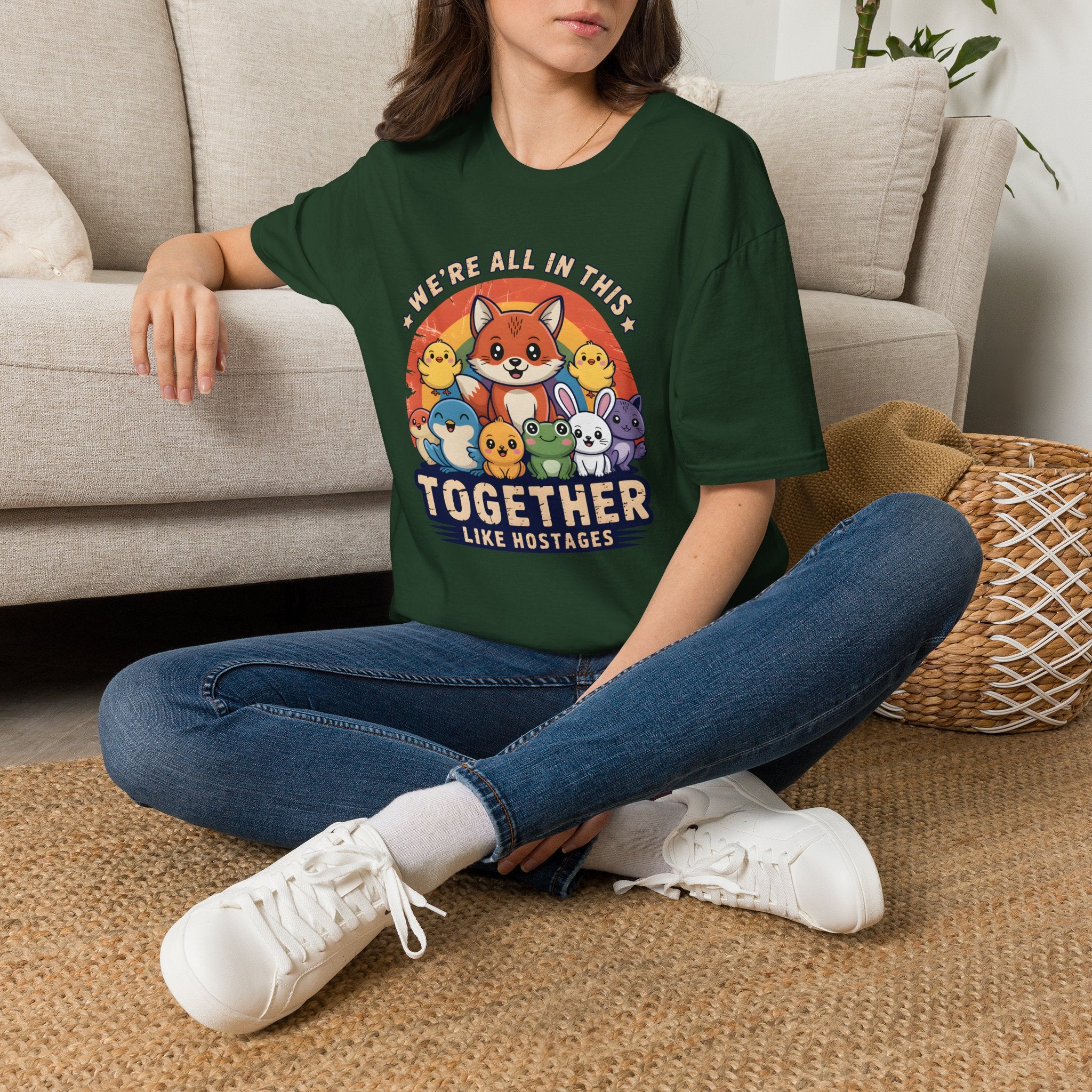 Cute Fox and Animal Friends We're All In This Together Like Hostages Unisex T-Shirt Forest Green Unisex Adult T-shirt animal Globally Fulfilled