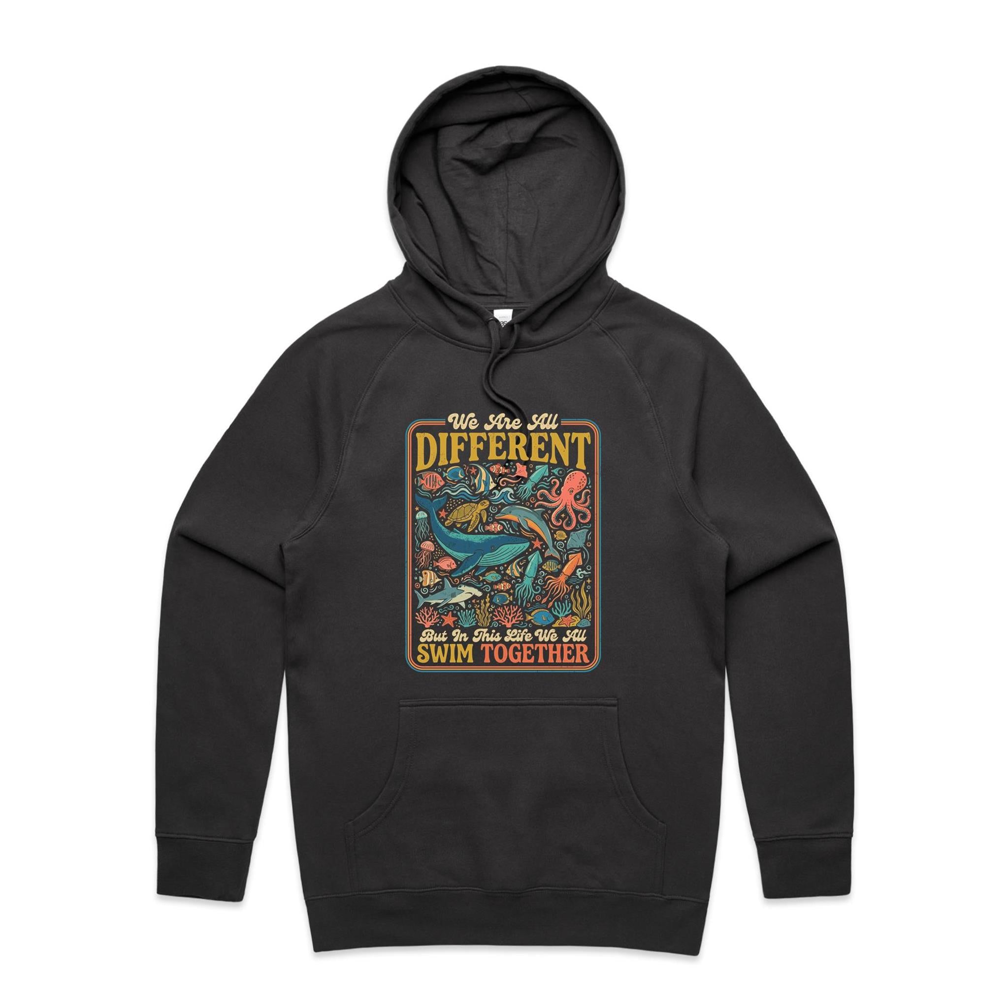 We Are All Different, But We All Swim Together - Men's AS Colour Hoodie Coal Mens Hoodie animal Ocean Positivity Printed In Australia