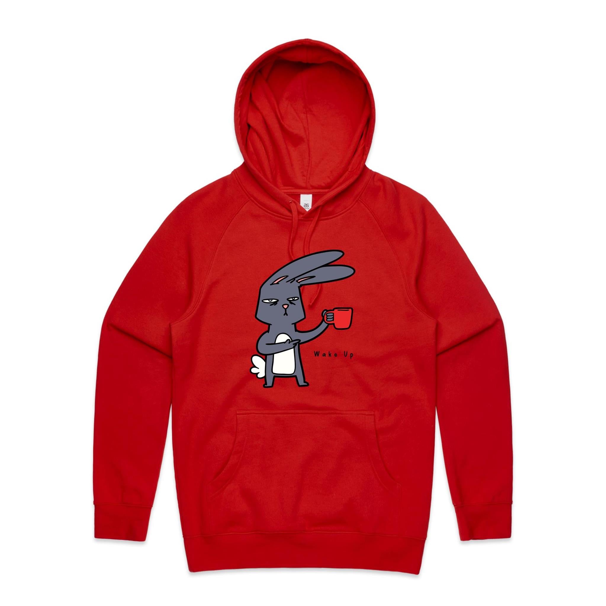 Wake Up, Coffee Rabbit - Mens Hoodie Red Mens Hoodie animal Coffee Printed In Australia