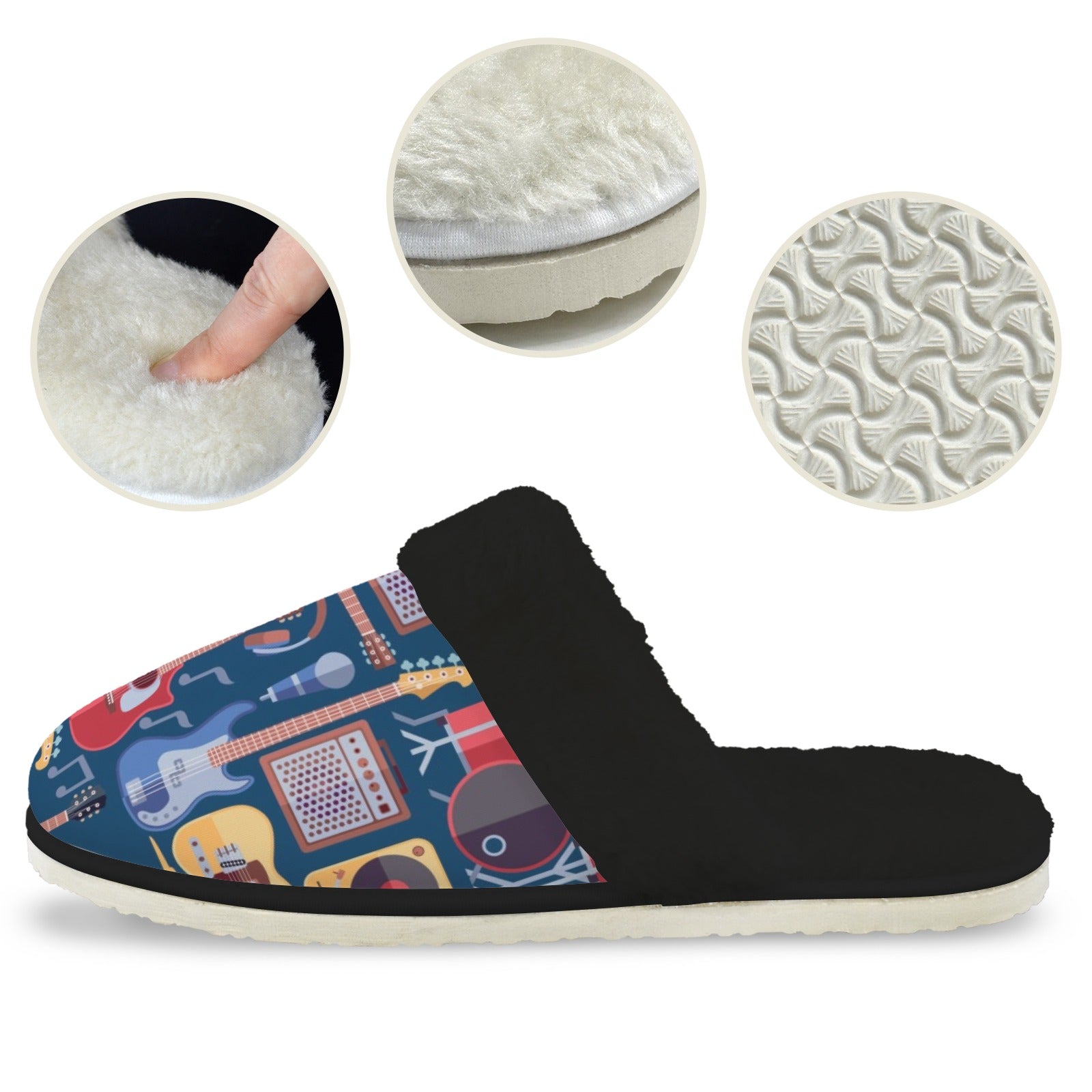 Music Instruments - Men's Fur Trim Thick-Sole Indoor Slippers Men's Fur Trimmed Slippers Music Printed Offshore