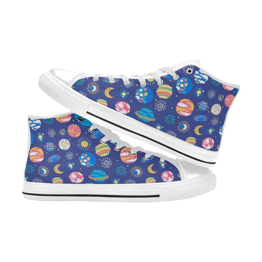 Planets On Blue Men's High Top Canvas Shoes Men's Classic High Top Canvas Shoes Printed Offshore Space