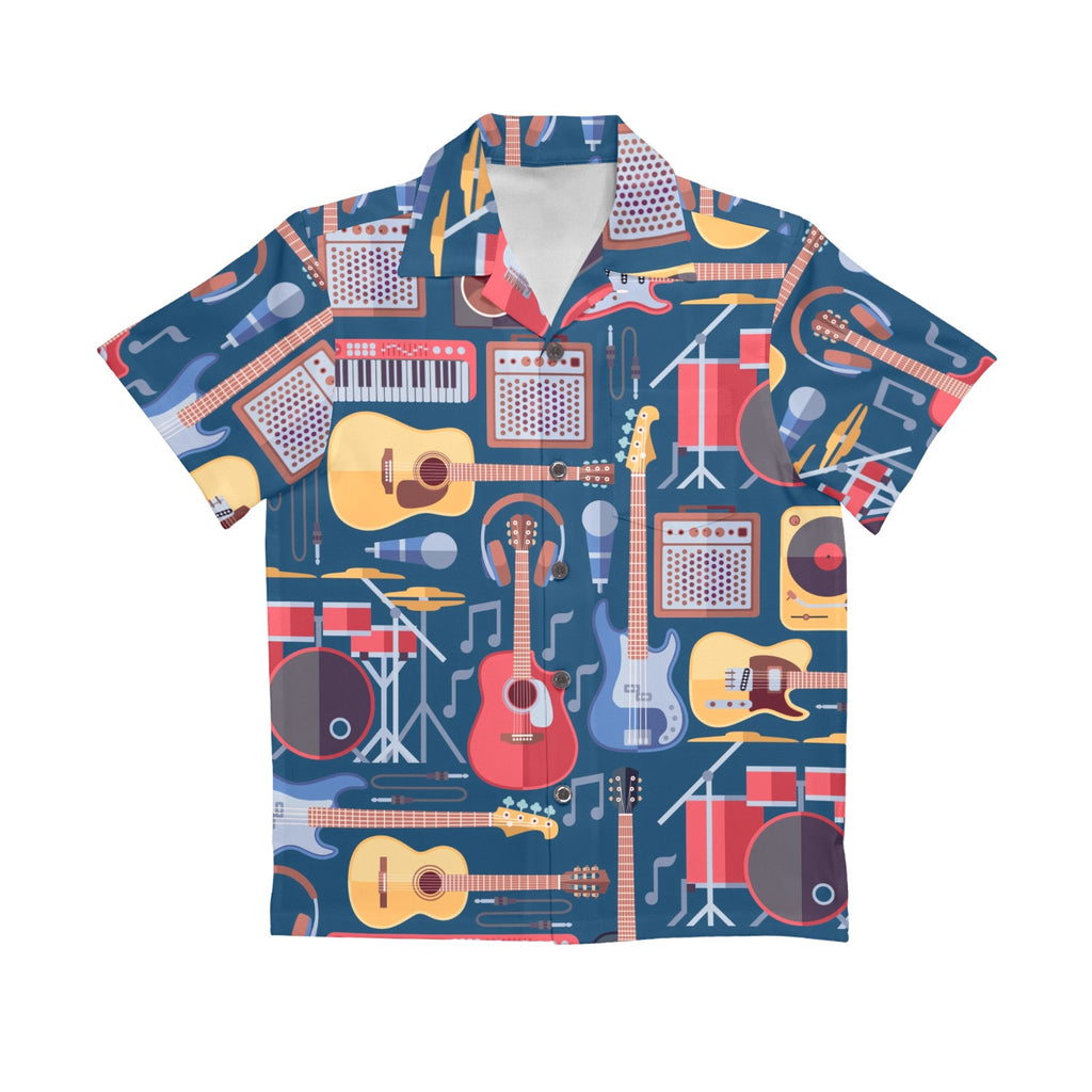 Music Instruments Blue Senior Kids Hawaiian Shirt Senior Kids Hawaiian Shirt 8-15 Music Printed Offshore