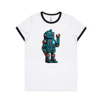 Robot - Women's Ringer Tee White Black Womens Ringer T-shirt Printed In Australia Sci Fi