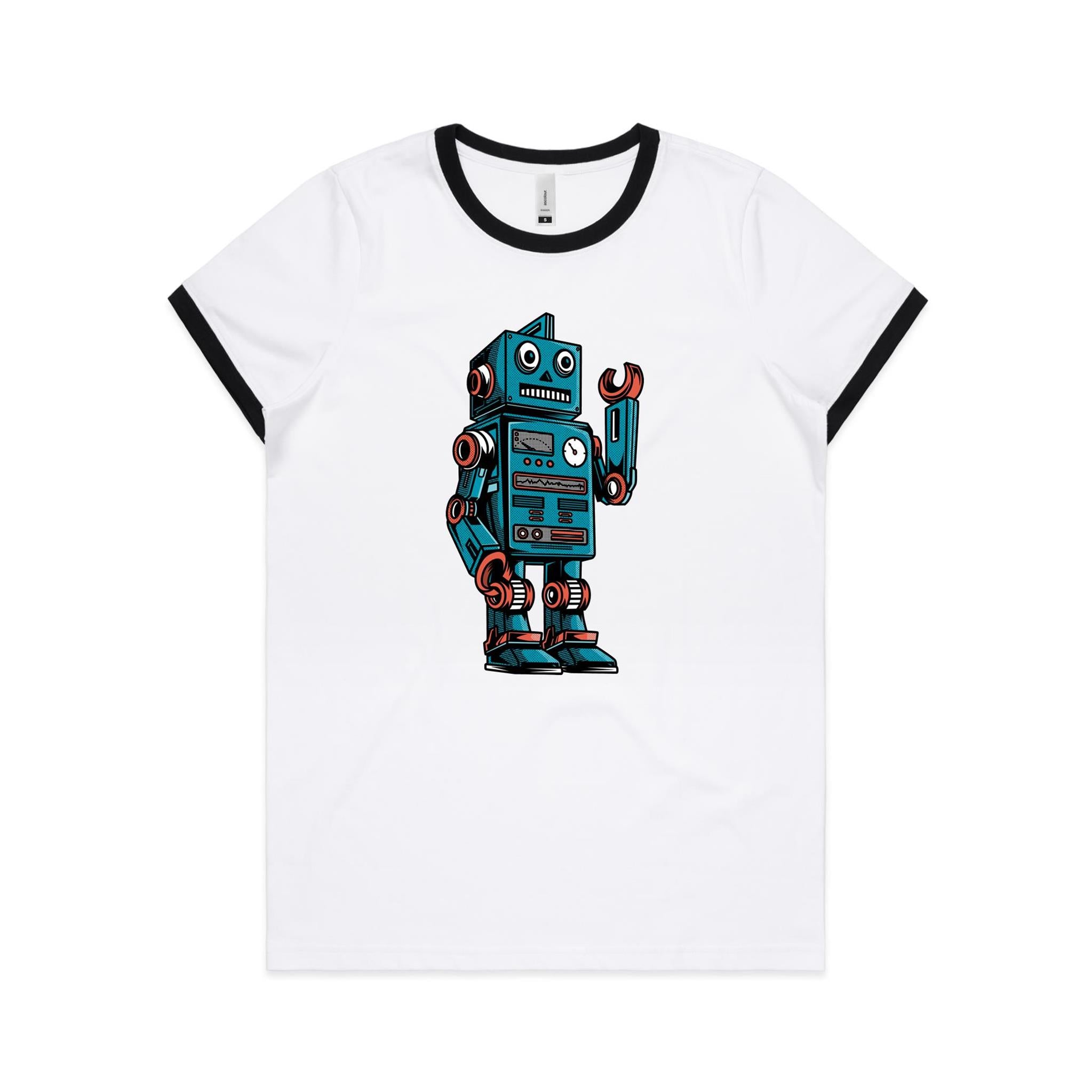 Robot - Women's Ringer Tee White Black Womens Ringer T-shirt Printed In Australia Sci Fi