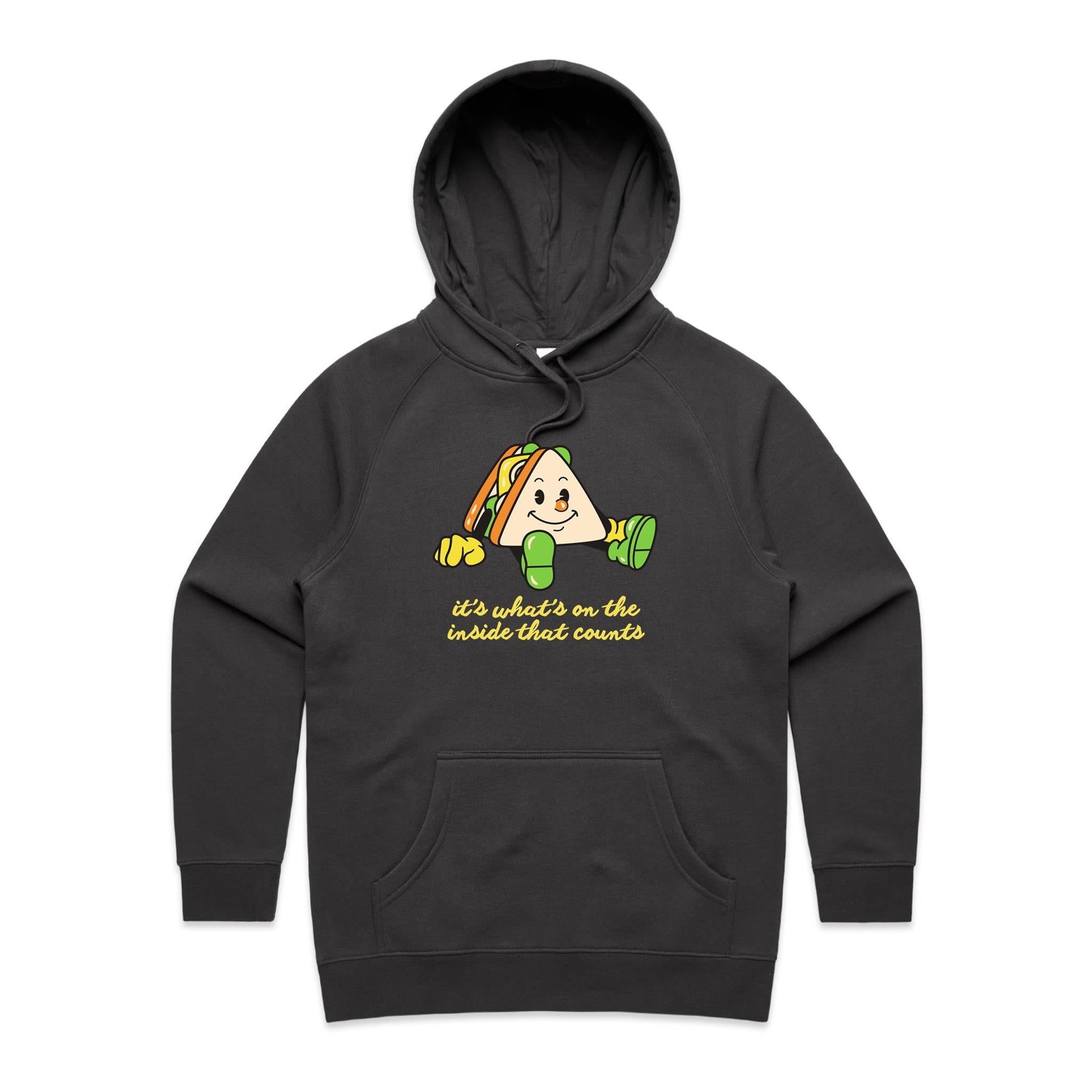 It's What's On The Inside That Counts, Sandwich - Womens Hoodie Coal Womens Hoodie Food Positivity Printed In Australia