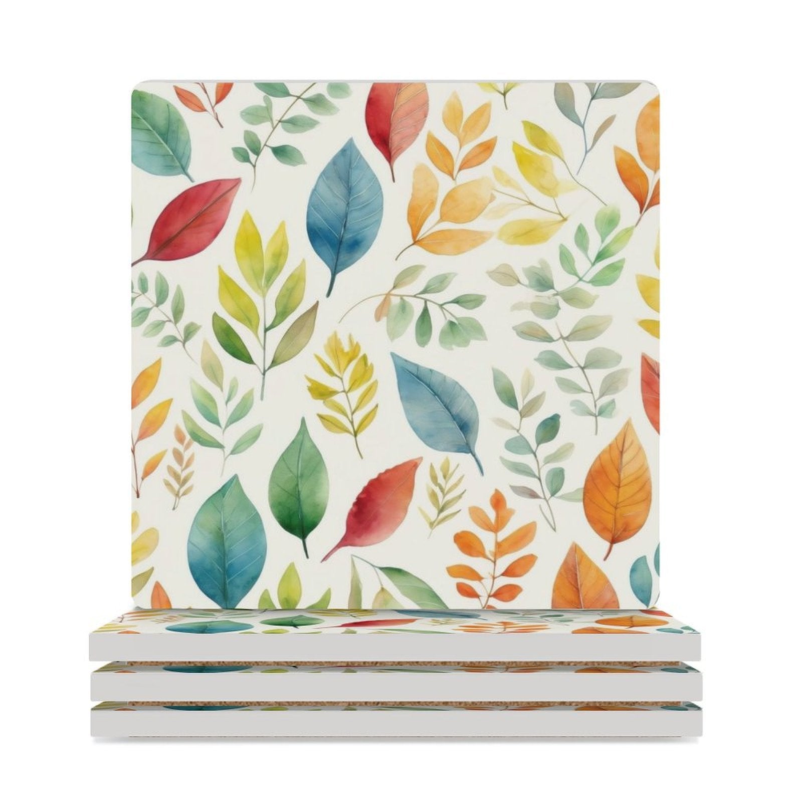 Autumn Leaves - Ceramic Coasters (Square) white Ceramic Coasters Plants Printed Offshore