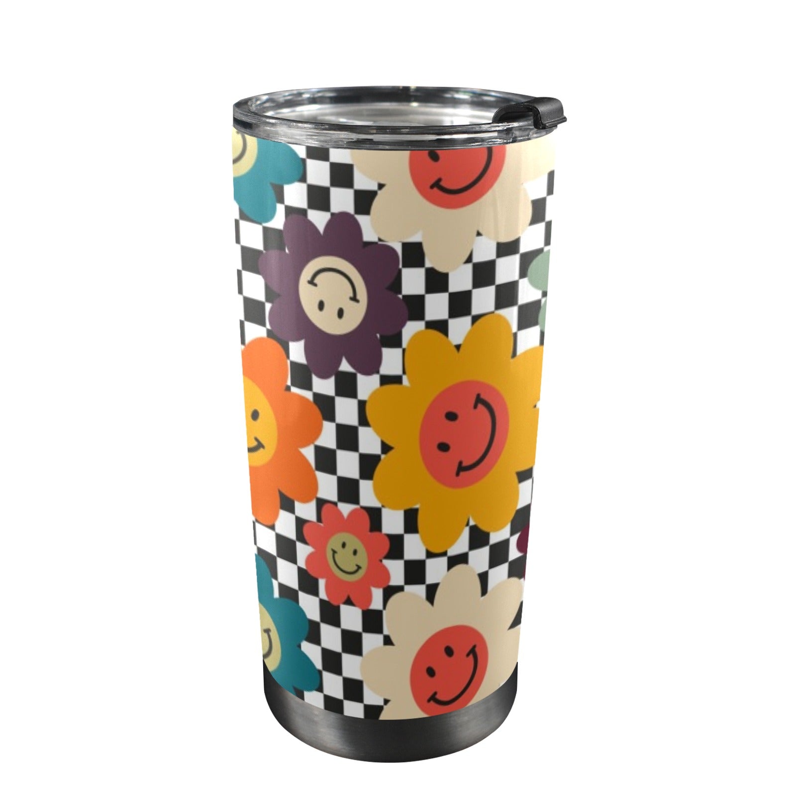 Happy Retro Flowers - 20oz Mobile Tumbler with Lid (Black Lock) One Size 20oz Travel Mug Printed Offshore Retro